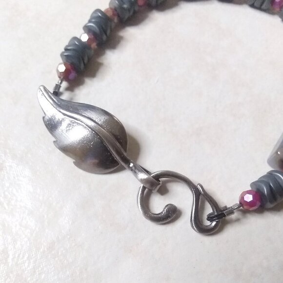 Gray & Rose Pink Agate + Hematite Bracelet! Two-Sided w. Gunmetal Leaf Toggle - Picture 2 of 9